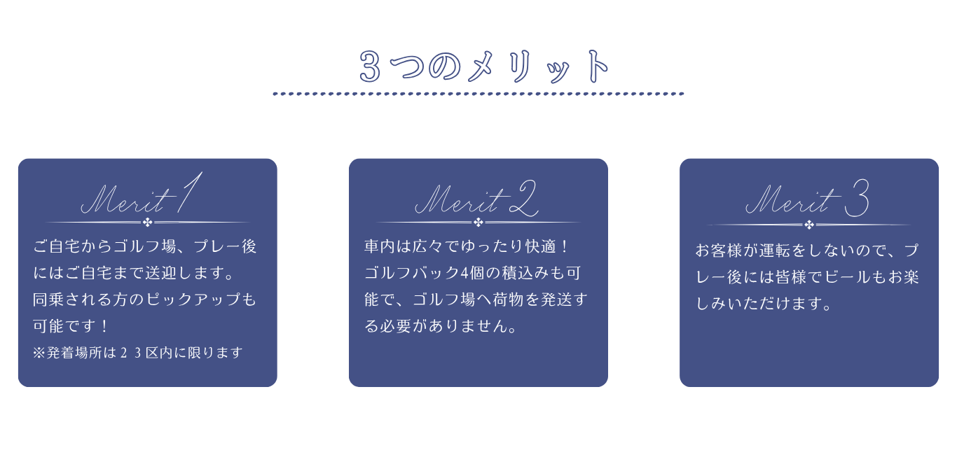 メリット,ドアtoドアで快適に移動,12時間の貸切,12時間の貸切,ご自宅からゴルフ場、プレー後にはご自宅までの送迎