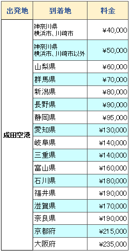 料金表　成田発新型コロナ対策プラン